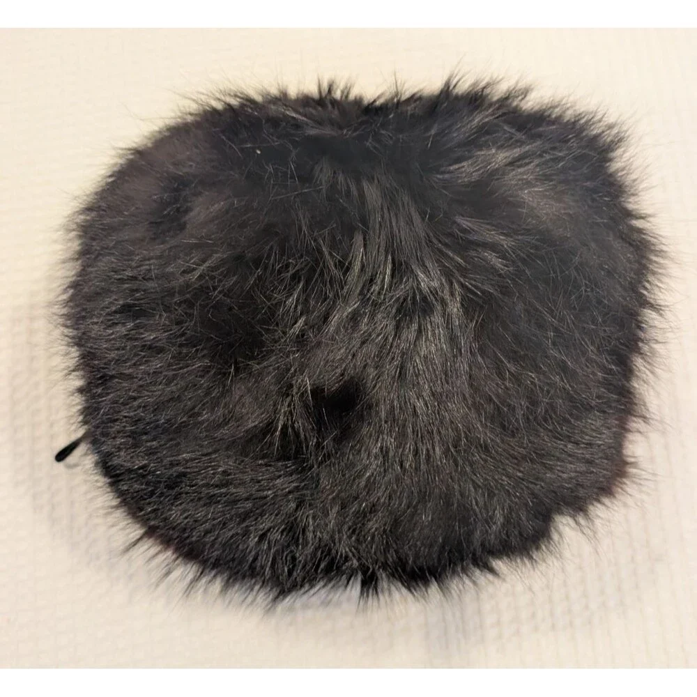 Vintage Black Faux Fur Hand Warmer Muff – Wrist Leash, Satin Lining, Pocket – 11